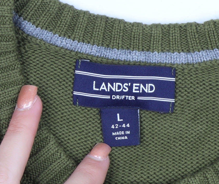 Lands' End Men's Green Cotton Crew Neck Pullover Jumper Size L