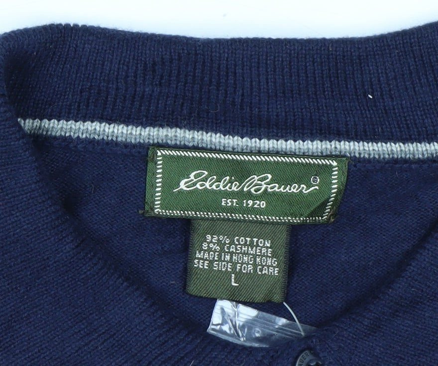 Eddie Bauer Men's Blue Cotton Cashmere Collared Henley Jumper L