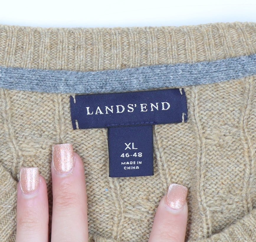 Lands' End Men's Beige Cable-Knit Wool Blend Pullover Jumper XL