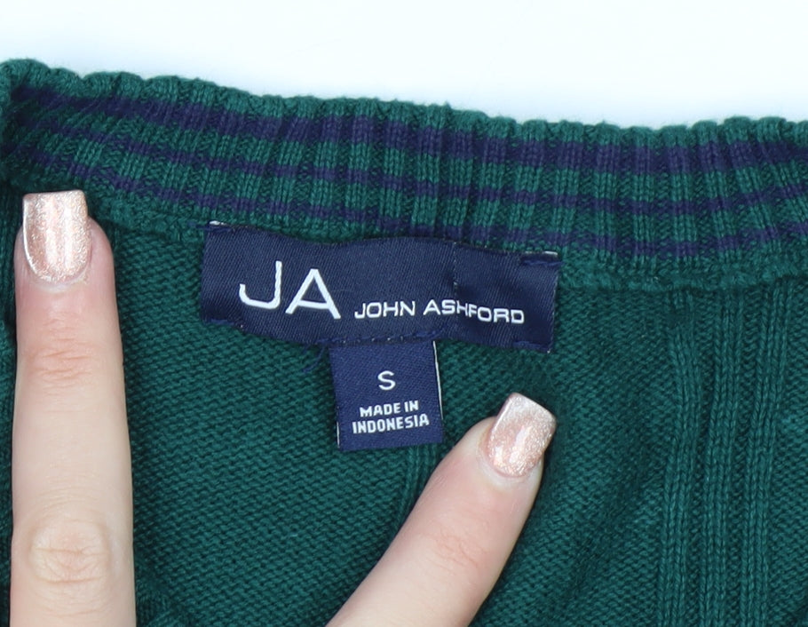 John Ashford Men's Green V-Neck Cotton Jumper Size S