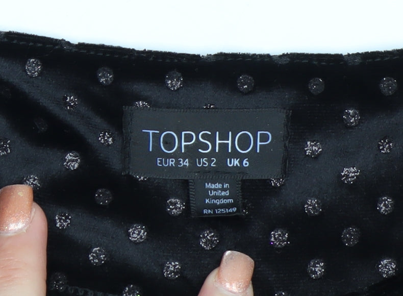 Topshop Women’s Black Velvet Polka Dot Skater Dress Size 6