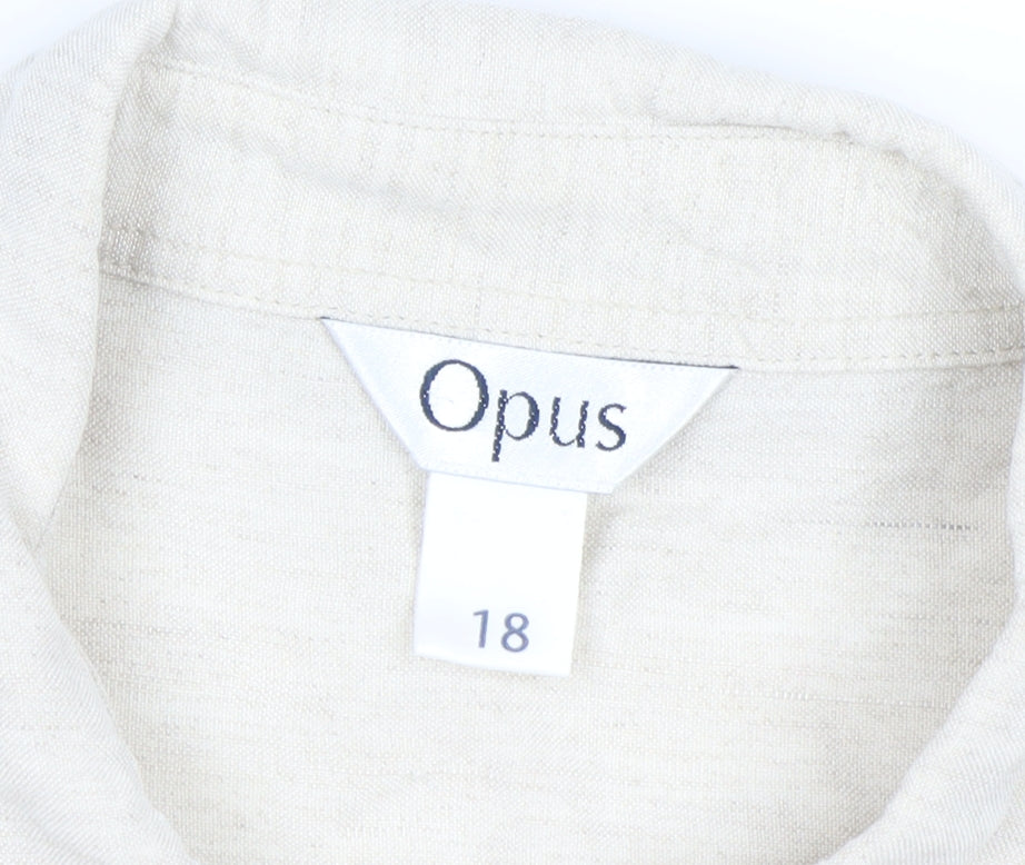 OPUS Women's Beige Linen Blend Embroidered Button-Up Shirt Size 18