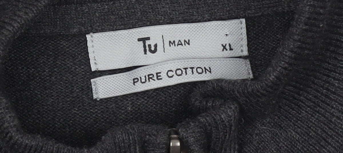 Tu Men's Grey XL 1/2 Zip Cotton High Neck Jumper