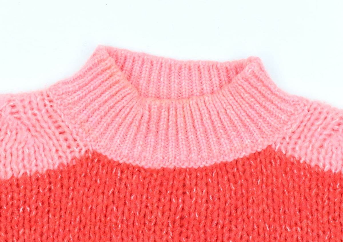 Mango Women Pink Red Striped Chunky Knit Mock Neck Pullover Jumper L
