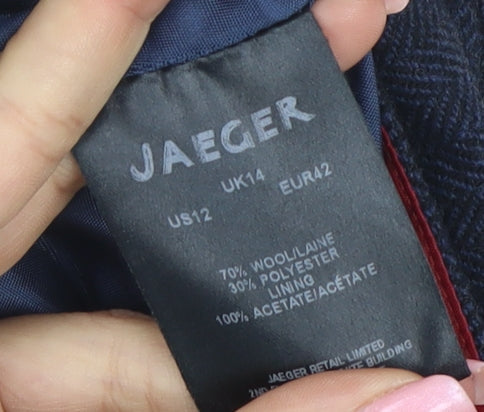 Jaeger Women Blue Wool Blend Herringbone Pencil Skirt Size 14