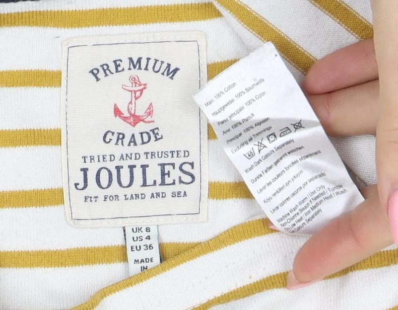 Joules Women Yellow White Striped 3/4 Sleeve Cotton T-Shirt Size 8