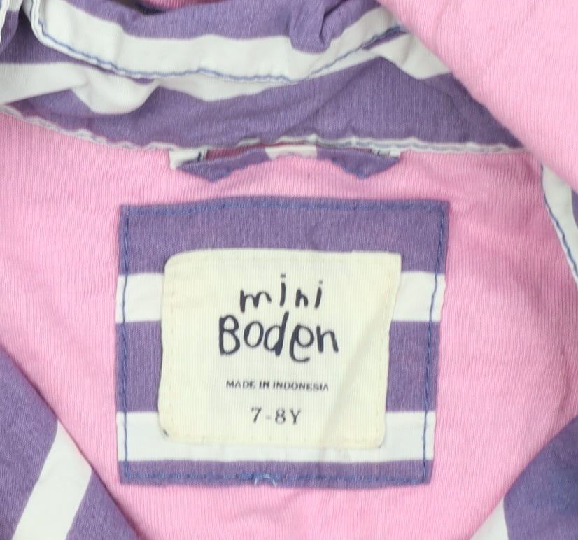 Mini Boden Girls Purple Striped Hooded Rain Coat 7-8 Years Cotton Lined Jacket
