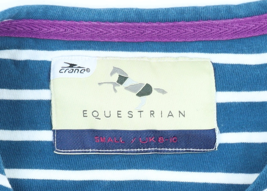 Crane Equestrian Women Blue Striped 3/4 Sleeve Cotton Top UK 8-10