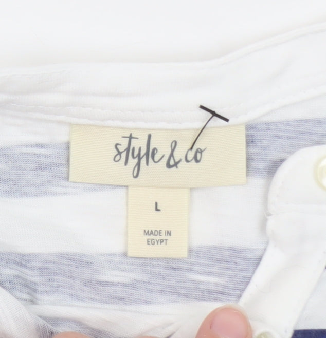 Style & Co Women Blue White Striped Long Sleeve Henley Jersey Top L