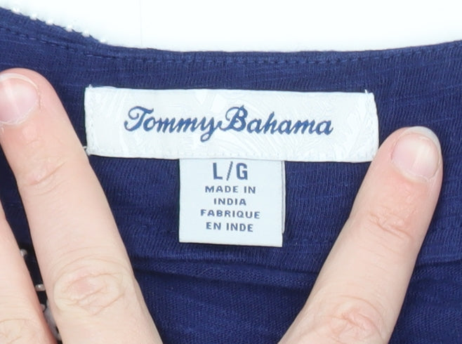 Tommy Bahama Womens Blue Cotton Tunic Blouse L Embroidered V-Neck