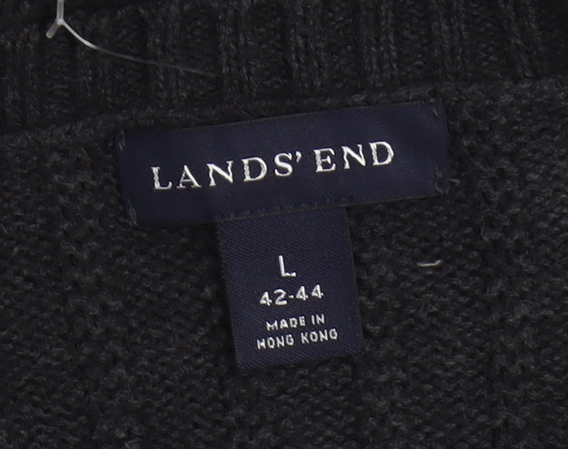 Lands' End Men's Black Cotton V-Neck Cable-Knit Jumper Size L