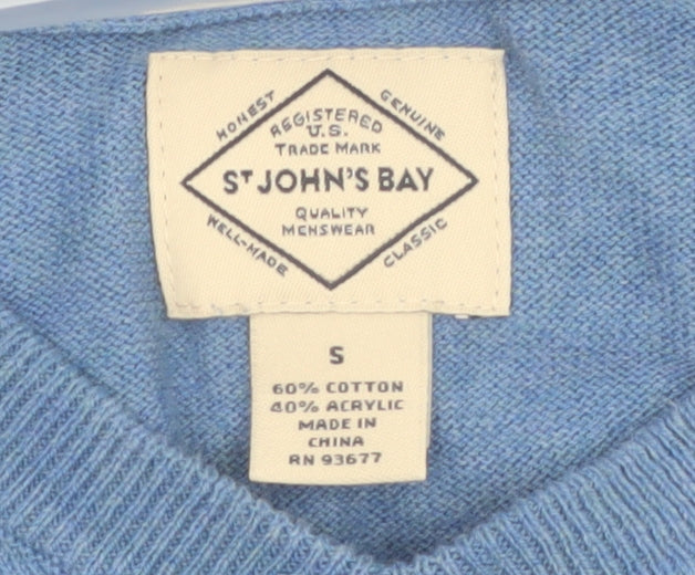 St John's Bay Men's Blue V-Neck Cotton Blend Jumper Size S