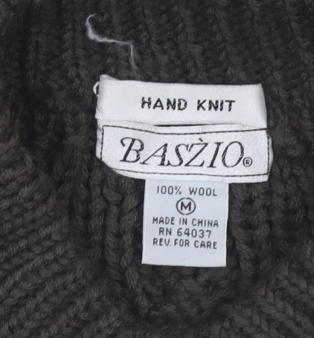 Baszio Men's Brown Hand Knit Wool Cable Pullover Jumper M
