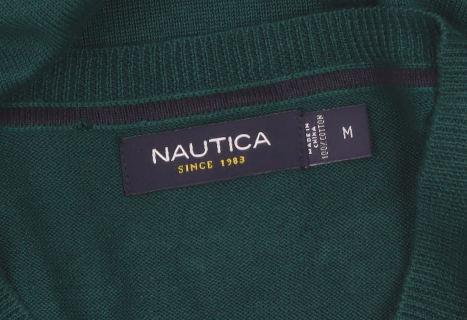 Nautica Men’s Green Cotton V-Neck Jumper Size M Classic Knit