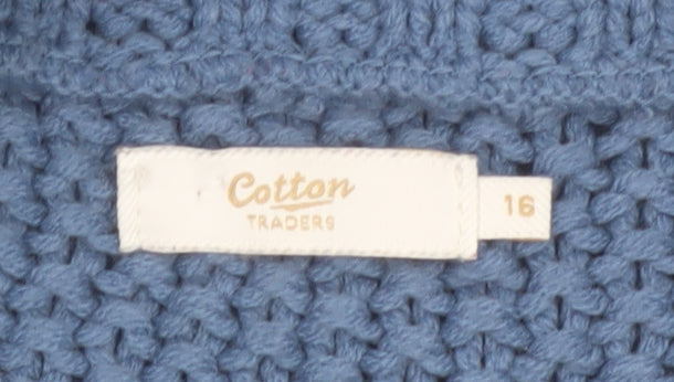 Cotton Traders Womens Blue Cable-Knit Sleeveless V-Neck Vest Jumper Size 16