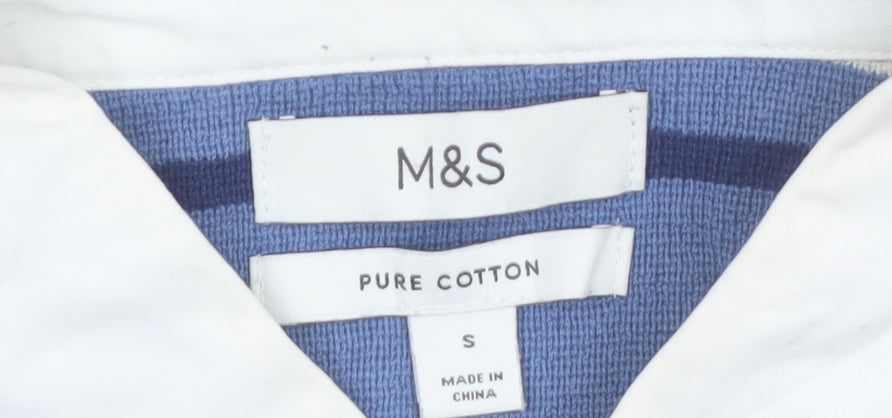 Marks & Spencer Men's Blue Striped Long Sleeve Cotton Polo S