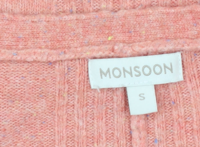 Monsoon Women Pink V-Neck 3/4 Sleeve Knit Pullover Jumper Size S