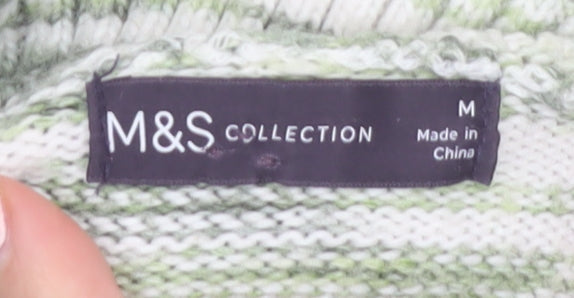 Marks & Spencer Women's Green Striped Roll Neck Jumper Size M