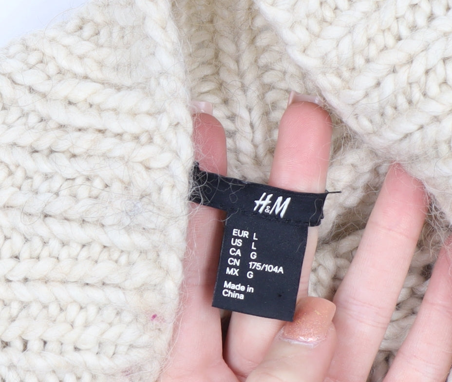 H&M Women Beige Cable-Knit Wool Blend Roll Neck Jumper Size 14 L