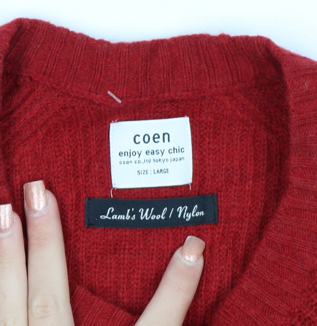 Coen Men's Red Lamb's Wool Knit Crew Neck Jumper Size L