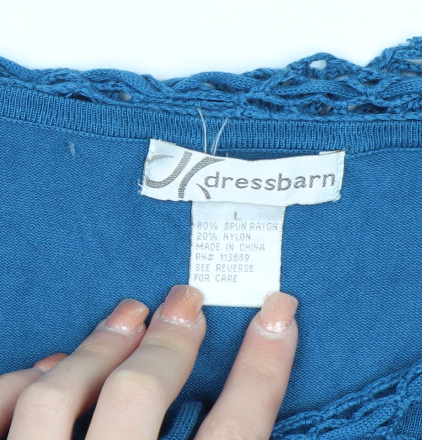 Dressbarn Women Blue L Crochet Neck 3/4 Sleeve Pullover Jumper