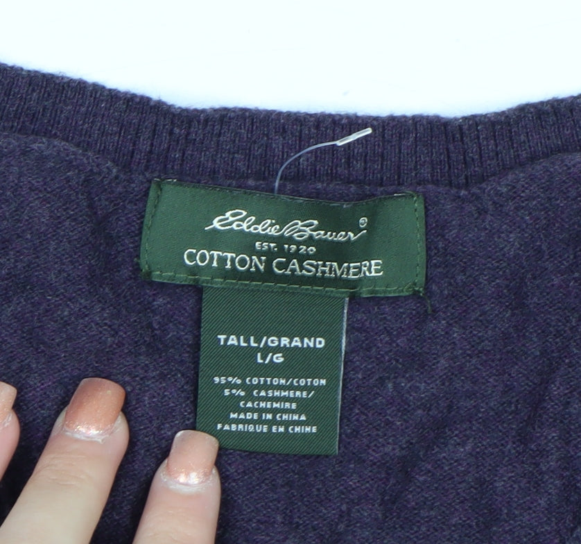 Eddie Bauer Men's Purple Cotton Cashmere V-Neck Jumper L Tall