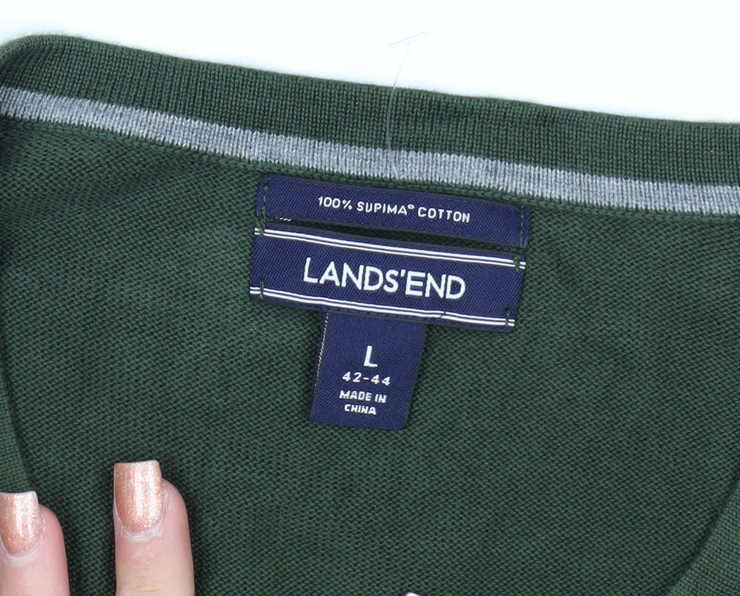 Lands' End Men's Green Cotton V-Neck Jumper Size L