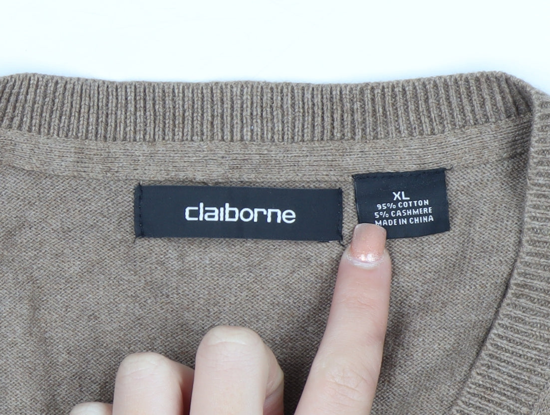 Claiborne Men's Beige V-Neck Cotton Cashmere Jumper XL