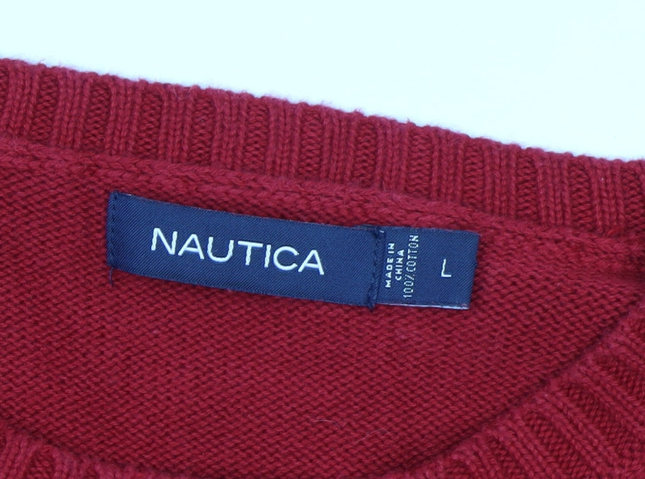 Nautica Men's Red Cotton Crew Neck Pullover Jumper Size L