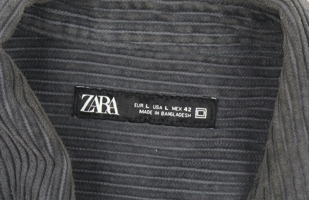 Zara Womens Grey Corduroy Button-Up Shirt Size 14 Long Sleeve