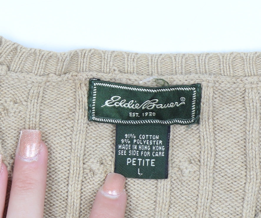 Eddie Bauer Women’s Beige Cable-Knit Cardigan Petite L Cotton Blend