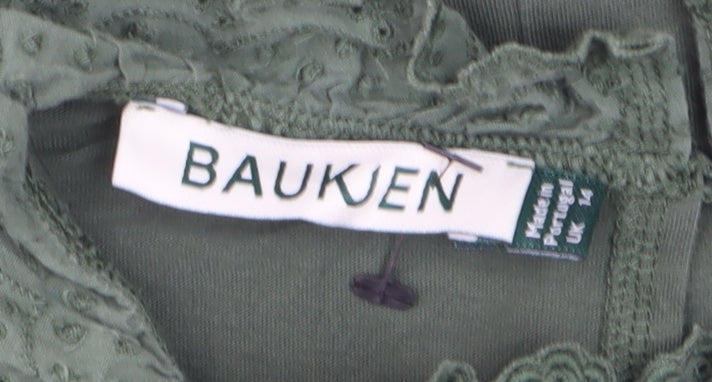 Baukjen Women’s Green Lace Trim High Neck Long Sleeve Cotton Blouse UK 14