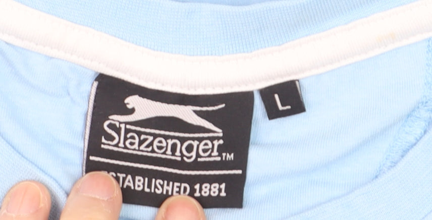 Slazenger Men Blue Cotton Polo L Short Sleeve Crew Neck