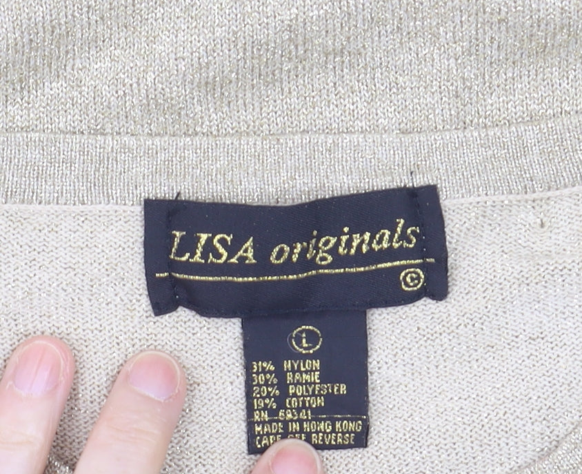 LISA Originals Womens Beige Metallic Knit Short Sleeve T-Shirt Size L