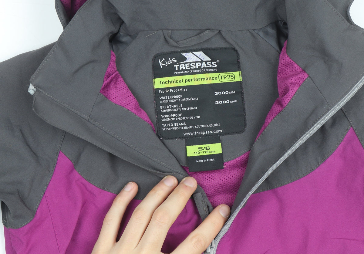Trespass Girls Pink & Grey Waterproof Hooded Rain Coat Jacket 5-6 Years