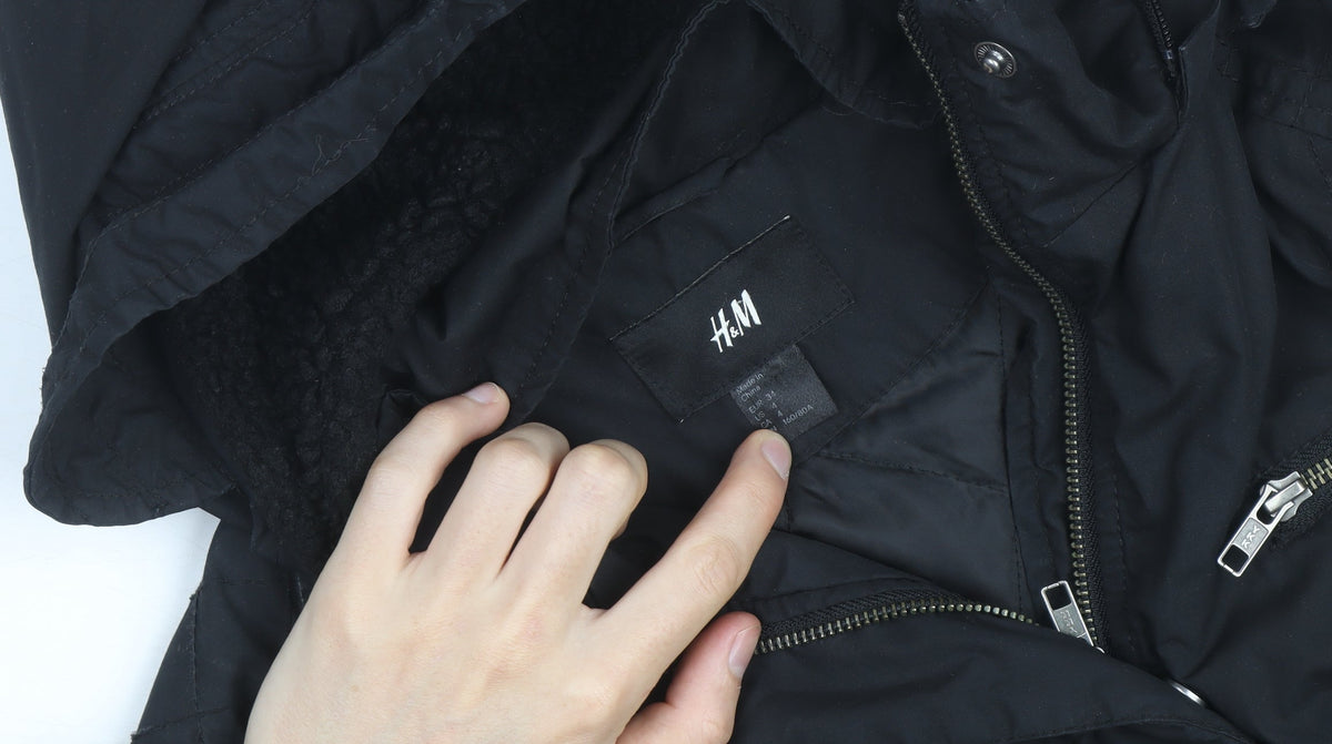 H&M Women's Black Long Hooded Parka Coat Size 8