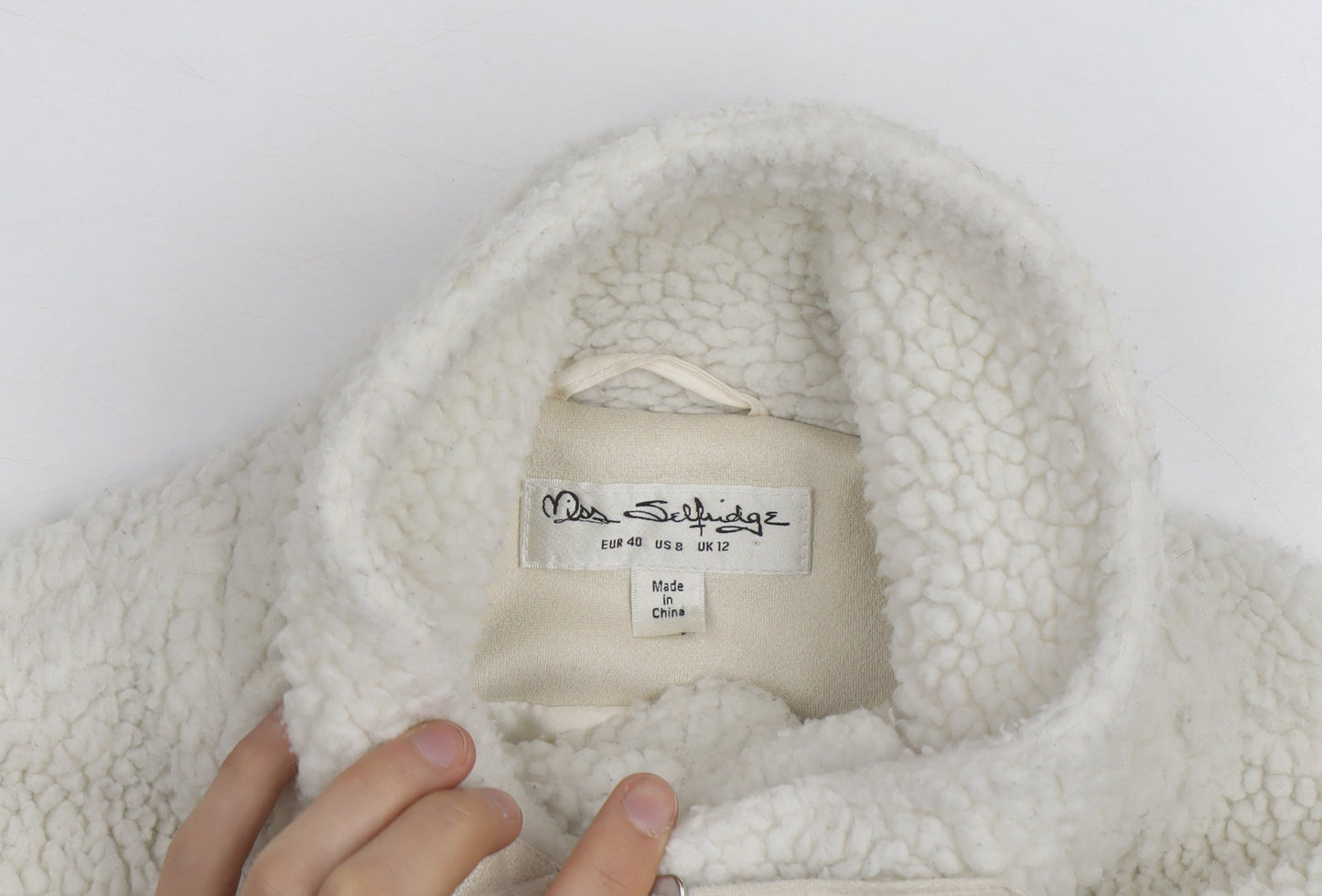 Miss Selfridge Women Ivory Faux Fur Belted Bomber Jacket Size 12