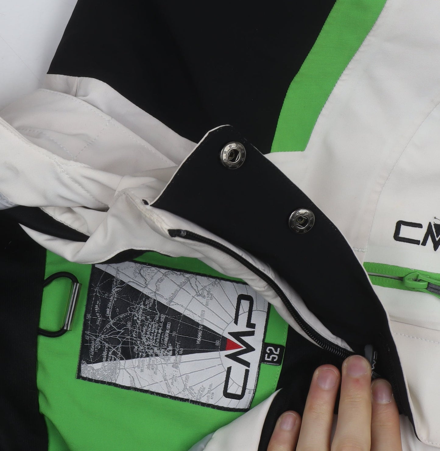 CMP Men's White Black Green Waterproof Ski Jacket Size 52 L Hooded Winter Coat
