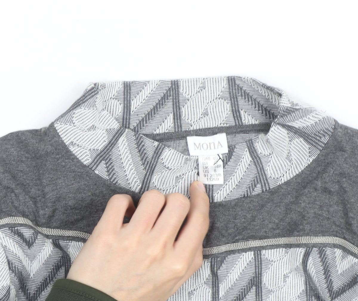 MONA Women’s Grey Mock Neck Geometric Pullover Jumper Size 14