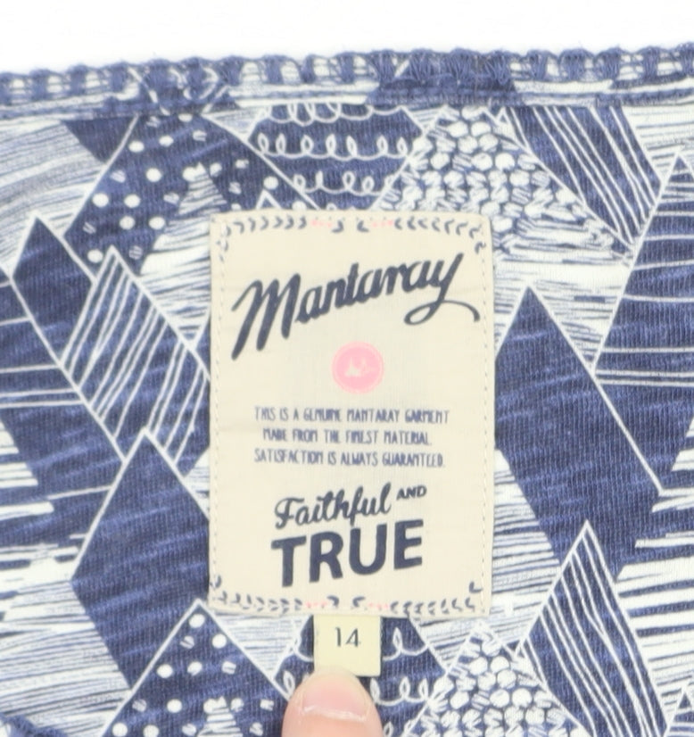 Mantaray Women's Blue Geometric Long Sleeve Cotton T-Shirt Size 14