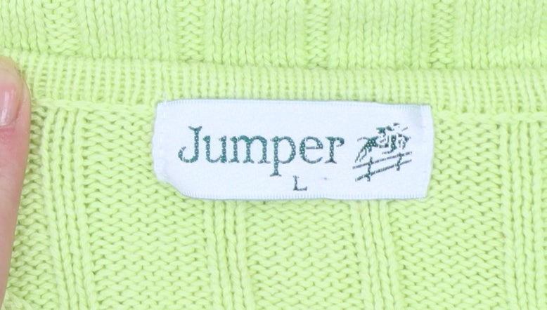 Jumper Women’s Green V-Neck Cable-Knit Cotton Pullover L