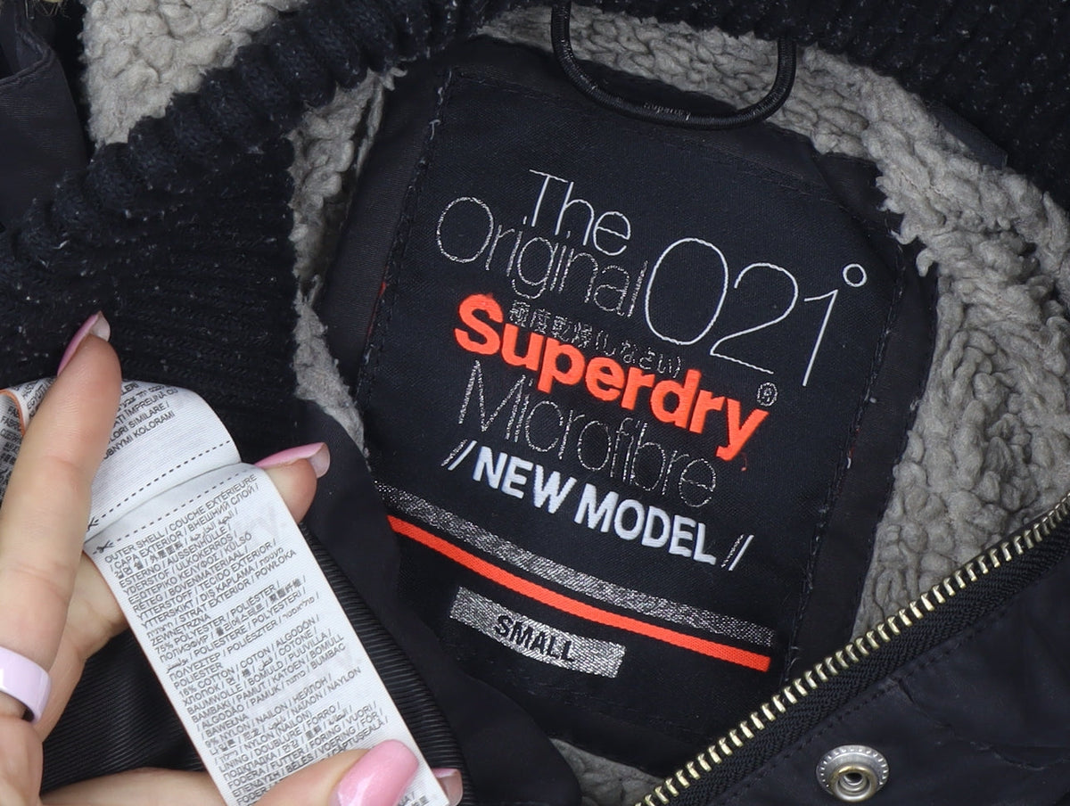 Superdry Women's Black Parka Coat Size S Faux Fur Hooded Winter Jacket