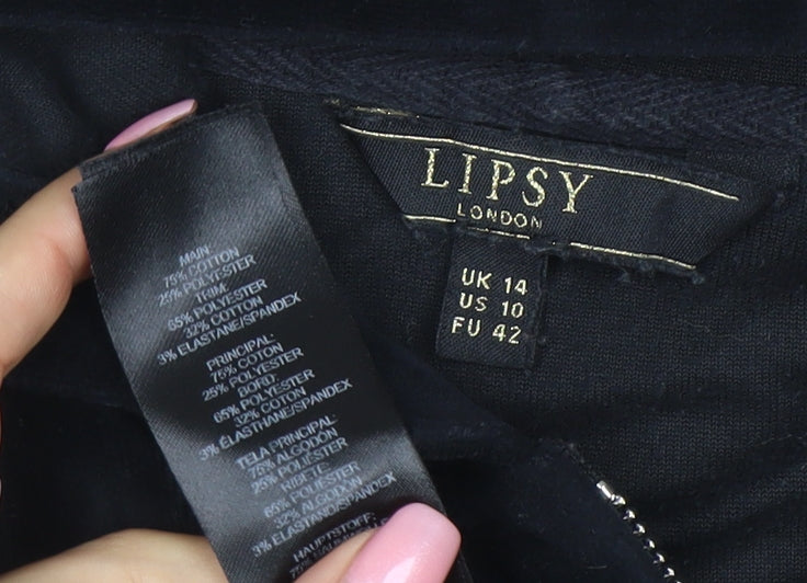 Lipsy Women Black Velour Full Zip Hoodie UK 14 Rhinestone Logo
