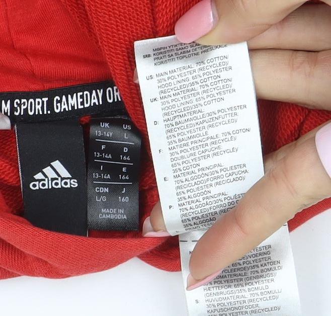 Adidas Boys Red Pullover Hoodie Size 13-14 Years Cotton Blend