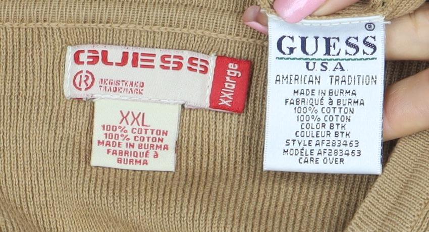 Guess Men Beige XXL V-Neck Cotton Pullover Jumper
