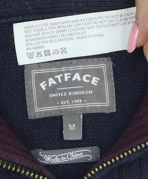 FatFace Men's Blue High Neck 1/2 Zip Cotton Cashmere Jumper M