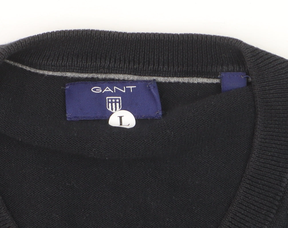 GANT Men's Black Cotton V-Neck Jumper Size L Classic Knitwear
