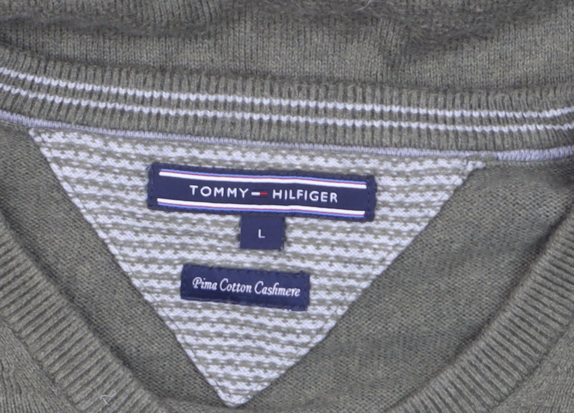 Tommy Hilfiger Men’s Green V-Neck Cotton Cashmere Jumper L