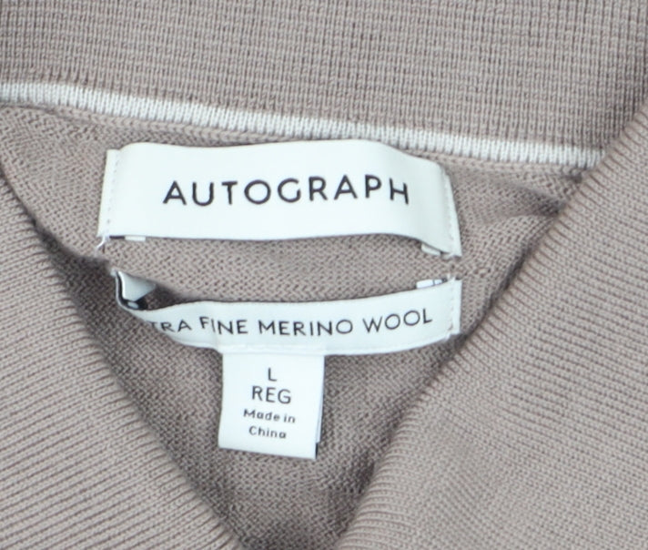 Marks & Spencer Men Beige L Merino Wool Henley Jumper