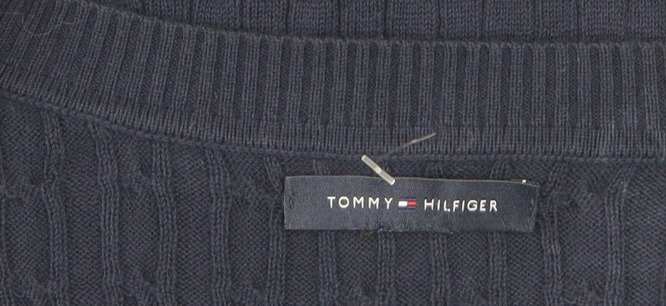 Tommy Hilfiger Men's Blue V-Neck Cable-Knit Cotton Jumper M